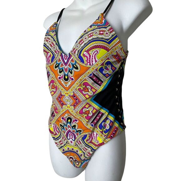 Trina Turk One Piece Swimsuit 8‎ Paisley Cutout Open Back Resort Chic - Picture 2 of 8